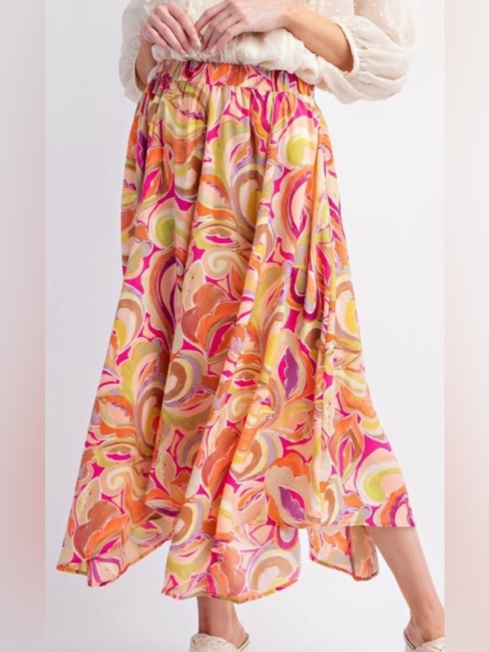#1199 Easel Flowey Orange And Yellow Midi Skirt